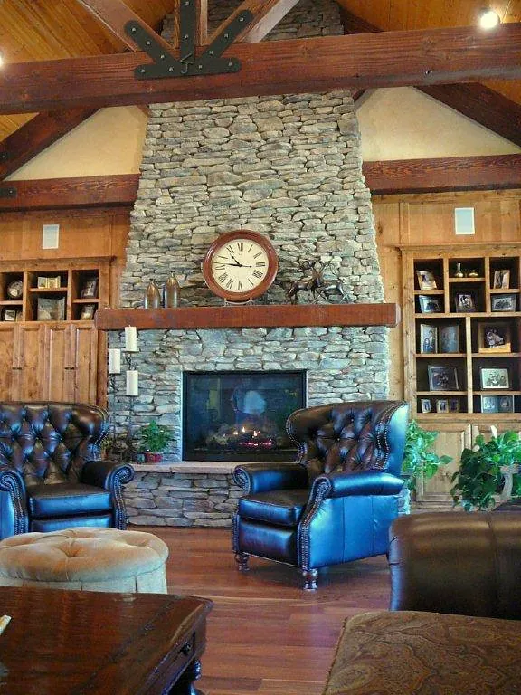 Floor-to-ceiling stone fireplace by Brickhouse Masonry, Central Valley CA