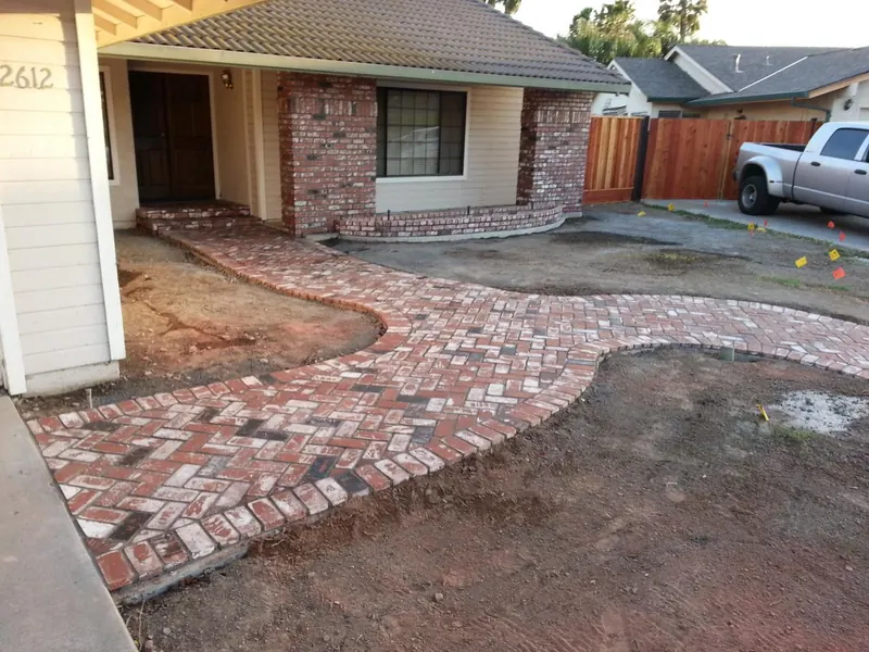 Herringbone brick paver walkway by Brickhouse Masonry, Central Valley CA