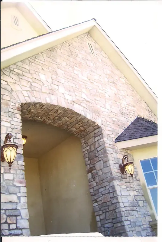 Stacked stone entry arch by Brickhouse Masonry, Central Valley CA