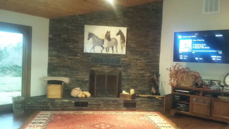Stacked stone fireplace by Brickhouse Masonry, Central Valley CA