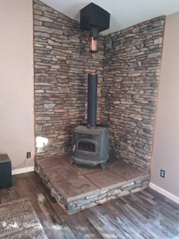 Stacked stone wood stove surround by Brickhouse Masonry, Central Valley CA