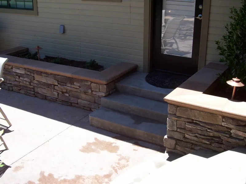 Stone planters with precast caps by Brickhouse Masonry, Central Valley CA